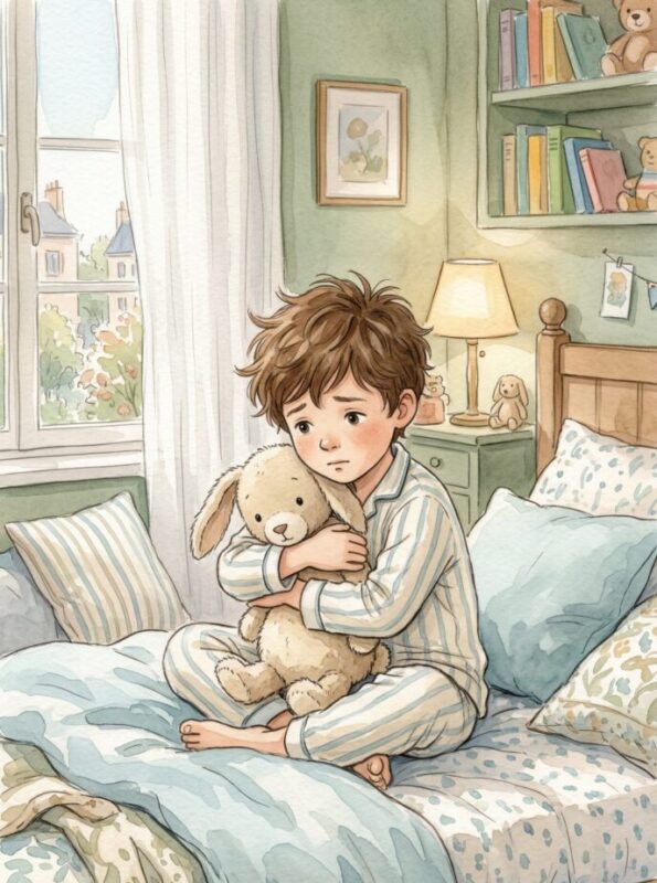 Enfant de 7 ans anxieux assis sur son lit bleu pastel serrant une peluche lestée beige contre lui - illustration aquarelle livre enfant anxiété TSA TDAH