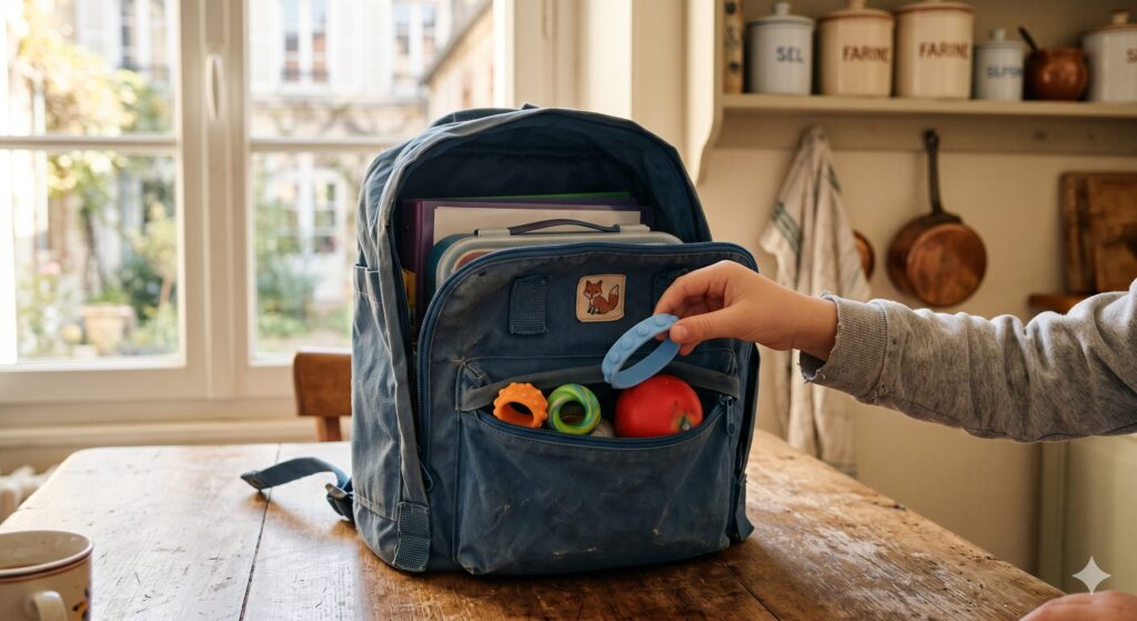 Cartable ouvert avec fidgets silencieux pour enfant TDAH à l'école — bracelet, anneaux, balle — sélectionnés par Aurélie Leroux, LeoBelo