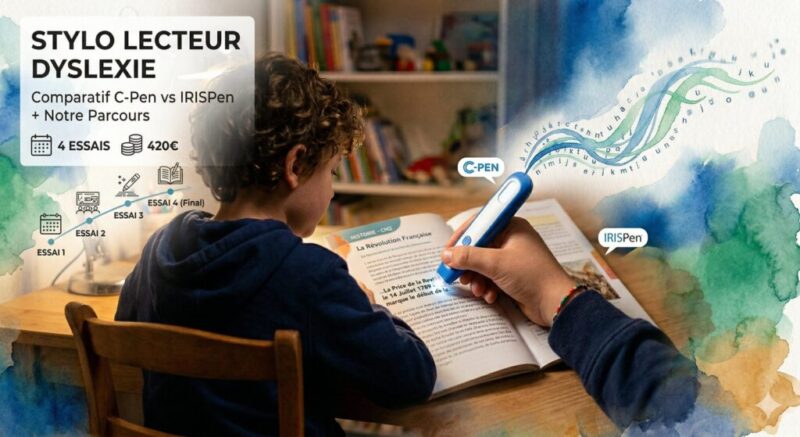 Un graphique de vignette de blog combinant une photographie et des éléments graphiques. La scène principale montre un garçon de dos, avec des cheveux bouclés, assis à un bureau en bois et lisant un livre d'histoire ouvert en français intitulé "La Révolution Française". Il tient un stylo lecteur numérique C-PEN (marqué d'un logo) sur une ligne de texte, avec l'aide d'une main adulte. Des traînées d'aquarelle bleues et vertes s'échappent du stylo, formant des lettres et des symboles textuels, suggérant la traduction ou la lecture à voix haute. Le texte du livre est partiellement lisible, mentionnant "...La Prise de la Bast... le 14 Juillet 1789 mark...". Dans le coin supérieur gauche, un texte superposé en caractères blancs sur fond bleu clair indique : "STYLO LECTEUR DYSLEXIE", "Comparatif C-Pen vs IRISPen + Notre Parcours", "4 ESSAIS" (avec une icône de calendrier), "420€" (avec une icône de pile de pièces). Une chronologie d'essais est visible en bas à gauche, intitulée "ESSAI 1", "ESSAI 2", "ESSAI 3", "ESSAI 4 (Final)" avec de petites icônes d'activités scolaires et de lecture. Une étiquette textuelle "IRISPen" est présente sur le côté droit de l'image. L'arrière-plan montre une chambre d'enfant avec une lampe de bureau articulée et des étagères remplies de livres, le tout encadré par des bordures d'aquarelle décoratives.