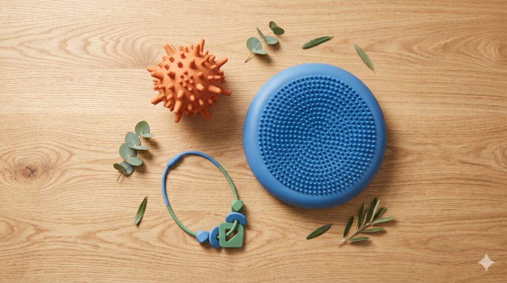 Balle sensorielle à picots, coussin d'assise dynamique et collier à mâcher en silicone — outils sensoriels testés par Lucas, enfant TSA