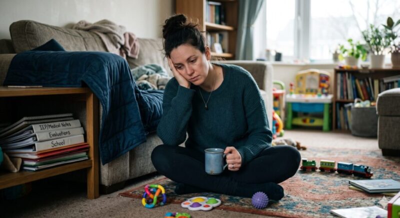 Une photographie réaliste montre une femme épuisée et pensive, assise en tailleur sur le sol d'un salon encombré de jouets d'enfants. Elle appuie sa tête sur sa main gauche, l'air fatigué, et tient une tasse dans sa main droite. À côté d'elle, une étagère contient une pile de classeurs étiquetés de manière visible : « IEP/Medical Notes », « Evaluations » et « School ». Le salon est rempli de jouets éparpillés, de livres et d'une couverture lestée sur le canapé, suggérant le quotidien difficile d'un parent d'enfant ayant des besoins spécifiques.