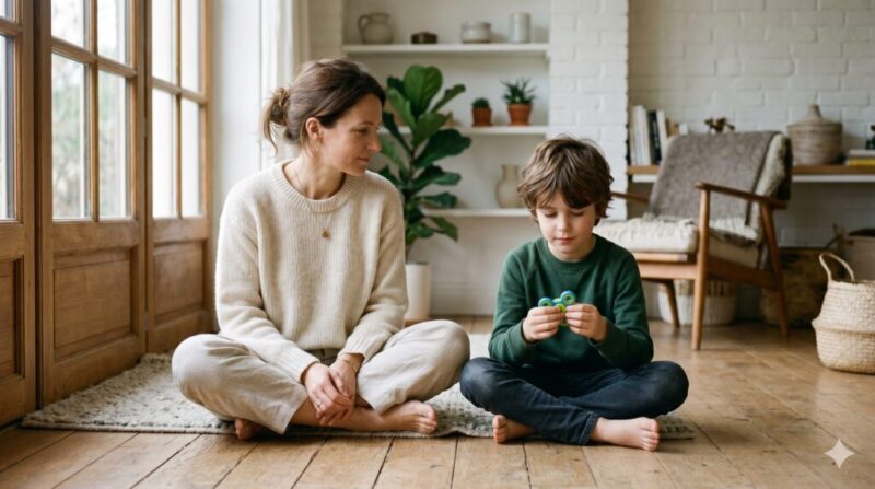 Maman assise côte à côte avec son enfant autiste de 9 ans dans un espace calme — pas de contact forcé, outil sensoriel dans la main