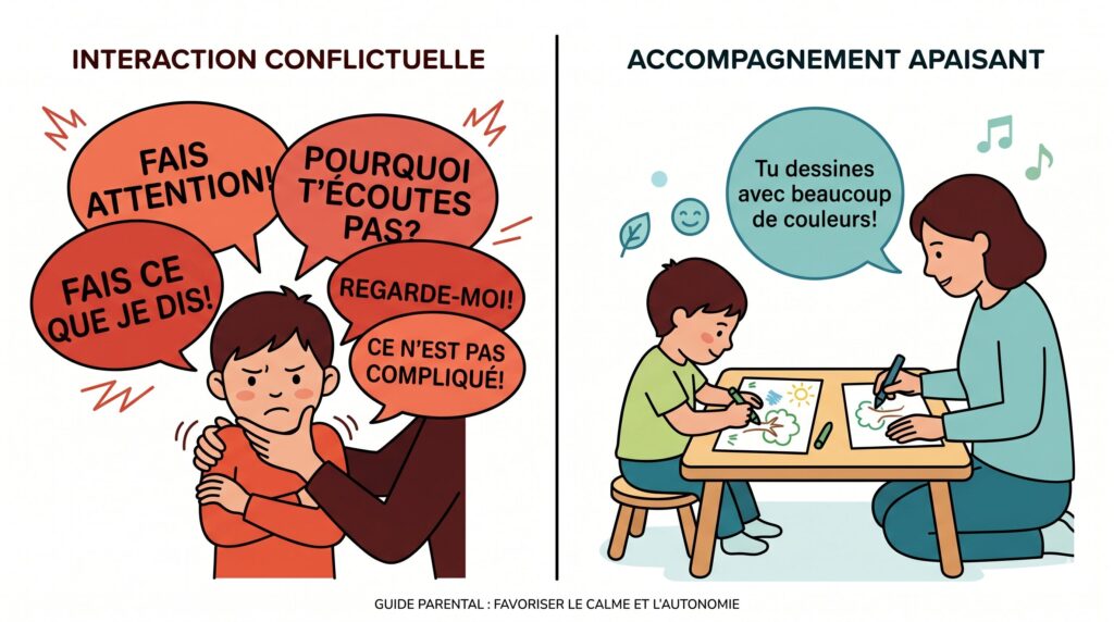 Illustration avant-après communication enfant autiste — à gauche surcharge avec 4 instructions simultanées et regard forcé, à droite enfant calme avec une seule instruction et position côte à côte