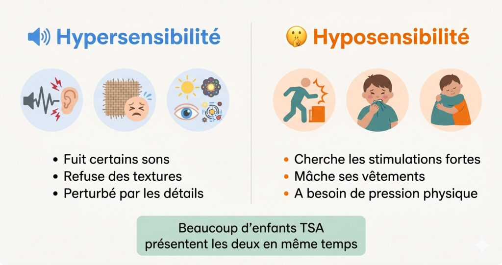 Infographie comparant hypersensibilité et hyposensibilité sensorielle chez l'enfant TSA et TDAH