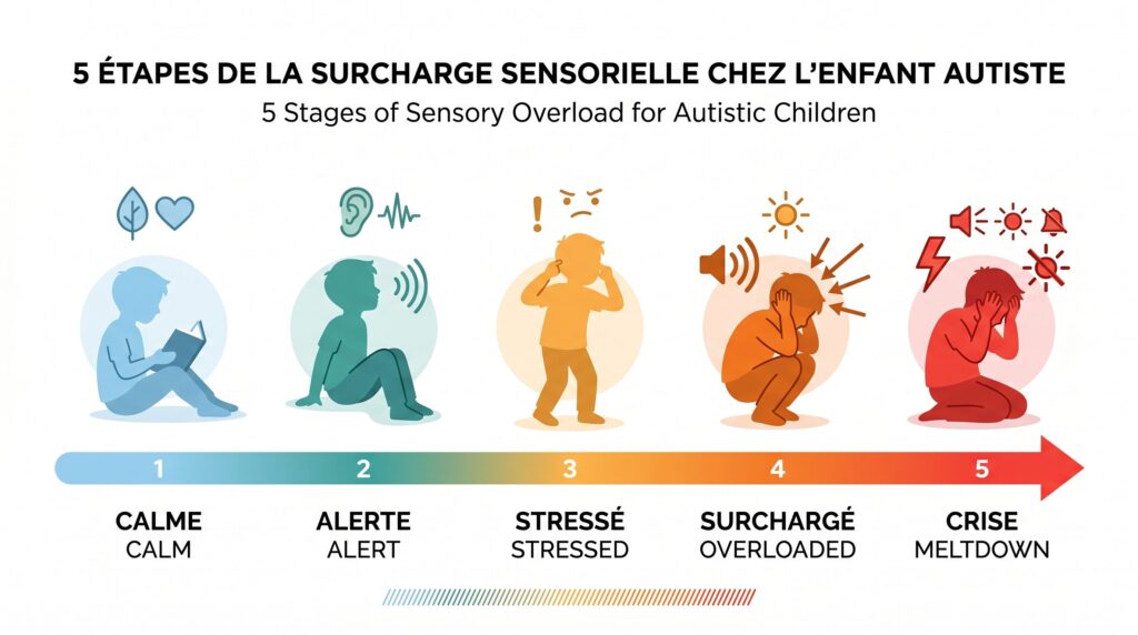 Infographie les 5 stades de surcharge sensorielle chez l'enfant autiste — du calme au meltdown, avec les signaux visuels à reconnaître à chaque étape