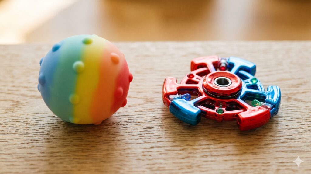 Comparaison fidgets pour enfant autiste — à gauche spinner lumineux déconseillé, à droite anneau rotatif silencieux et balle sensorielle à picots discrets recommandés pour TSA