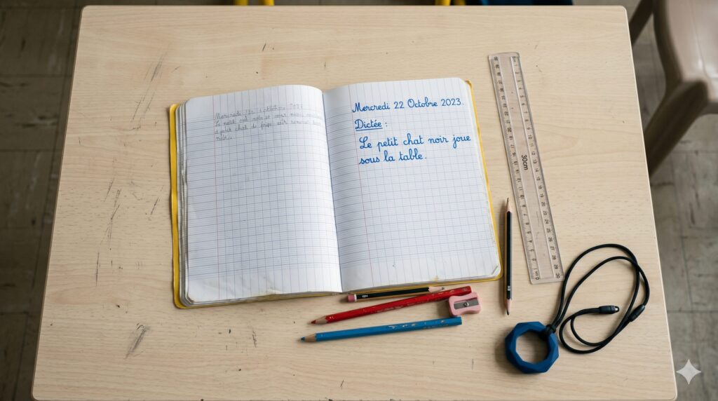 Collier sensoriel à mâcher discret posé sur un bureau d'écolier avec trousse et cahier — stim toy silencieux pour enfant TSA en classe primaire