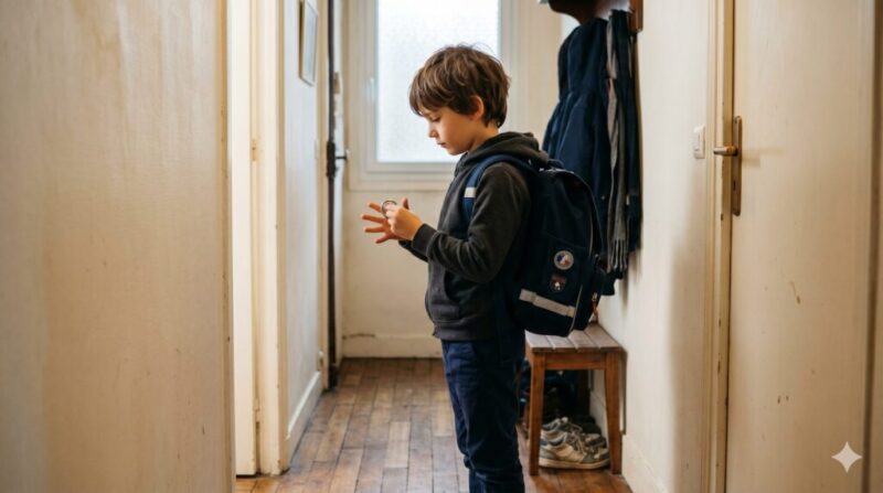 Jeune garçon avec son sac à dos debout dans l'entrée d'une maison, manipulant attentivement un petit objet de type fidget pour se canaliser et se préparer sereinement avant de partir à l'école.