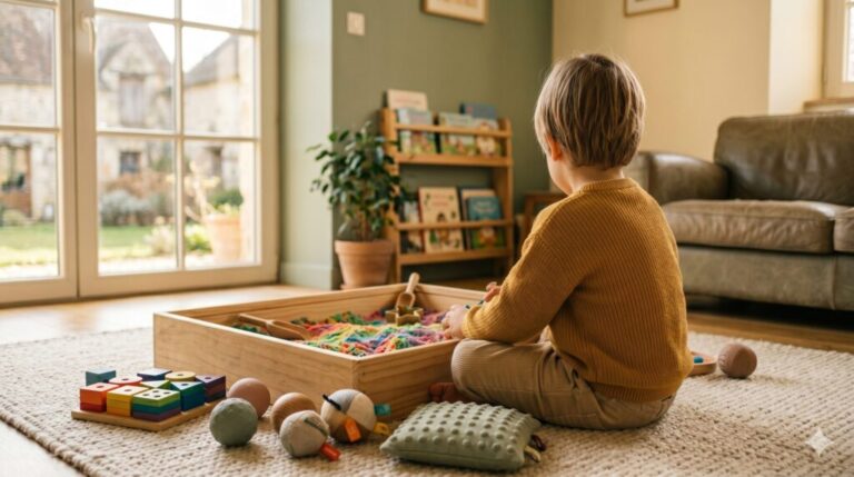 Un jeune enfant vu de dos, assis sur un tapis moelleux dans un salon chaleureux. L'enfant explore de ses mains un bac sensoriel rempli de sable cinétique coloré, entouré de divers jouets éducatifs en bois, de balles texturées et d'un petit coussin lesté à picots.