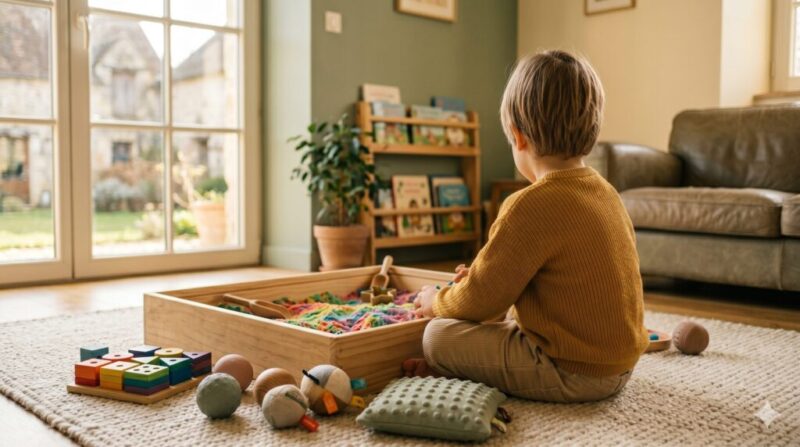 Un jeune enfant vu de dos, assis sur un tapis moelleux dans un salon chaleureux. L'enfant explore de ses mains un bac sensoriel rempli de sable cinétique coloré, entouré de divers jouets éducatifs en bois, de balles texturées et d'un petit coussin lesté à picots.