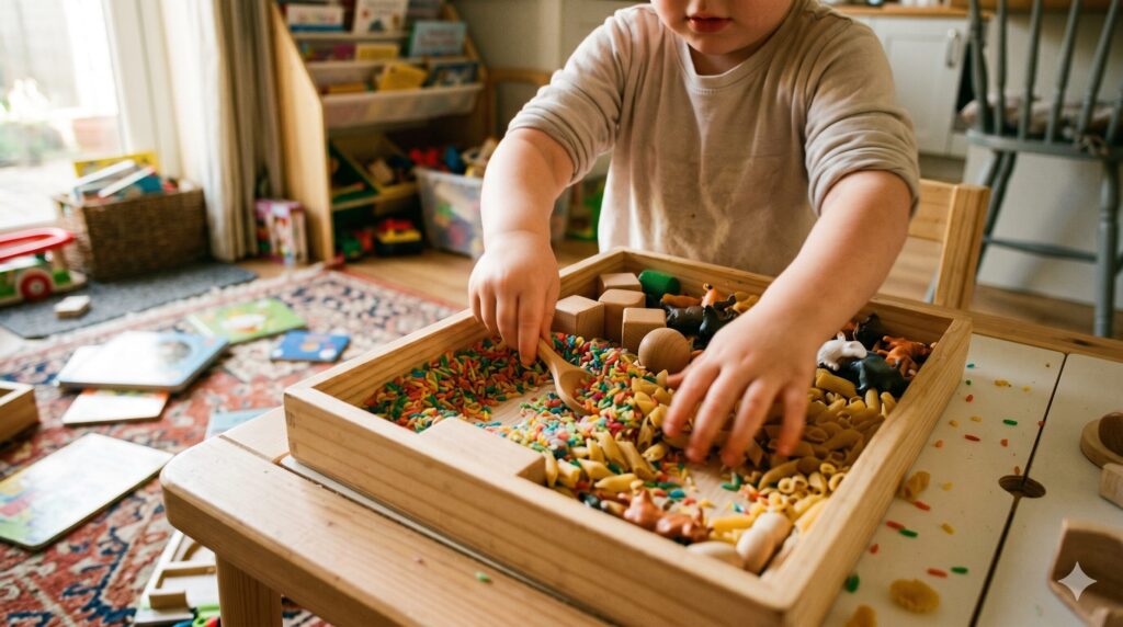 Enfant explorant un bac sensoriel avec des jouets texturés — guide jeux autisme LeoBelo