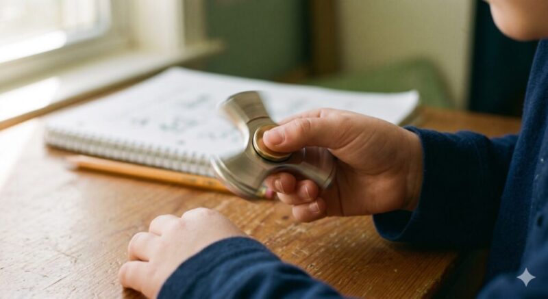 Une vue en gros plan sur la main d'un enfant ou d'un adolescent tenant et faisant tourner un hand spinner (fidget spinner) en métal (argent et cuivre) sur une table de bureau en bois texturé. Le spinner est en mouvement, créant un flou circulaire. En arrière-plan flou, il y a un cahier à spirale ouvert avec des notes manuscrites et des crayons.
