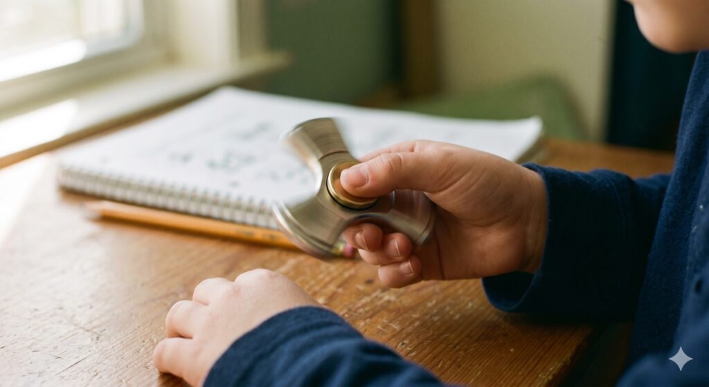 Enfant de dos faisant tourner un hand spinner métal sur son bureau, lumière naturelle, ambiance calme — hand spinner TDAH autisme LeoBelo