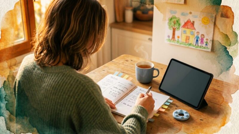 Vue arrière d'une femme en pull vert, écrivant dans un cahier à spirales à une table en bois. Devant elle, il y a un mug de thé fumant, une tablette et un dessin d'enfant sur le mur. Le contour de l'image est un motif d'aquarelle coloré.