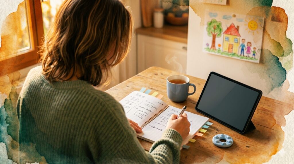 Maman de dos prenant des notes dans un carnet de suivi pour son enfant TSA TDAH, tablette et fidget toy sur la table, dessin d'enfant au mur