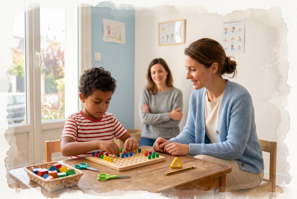 Séance d'ergothérapie avec un enfant et son parent, matériel de motricité fine posé sur la table