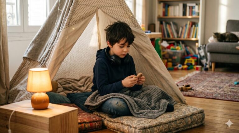 Une photographie documentaire au format 16:9 montre un garçon d'environ 8 ans, aux cheveux foncés, assis confortablement dans une tente de jeu en toile beige (tipi) à l'intérieur de sa maison. Il porte un sweat à capuche bleu marine, un jean et des écouteurs noirs autour du cou. Il est assis en tailleur sur des coussins empilés et a une couverture lestée grise sur ses genoux. Ses mains tiennent et examinent attentivement un petit jouet de manipulation en bois. La tente est éclairée de manière chaleureuse par des guirlandes lumineuses tamisées à l'intérieur. Sur une caisse en bois à gauche, une lampe de chevet ambre est allumée. Le salon en arrière-plan est plein de vie avec des étagères remplies de livres et de jouets, un tapis à motifs et un chat qui dort sur le canapé. L'ambiance est calme et paisible, éclairée par une lumière naturelle douce d'après-midi qui vient de la gauche. La profondeur de champ est faible, ce qui rend l'arrière-plan légèrement flou.