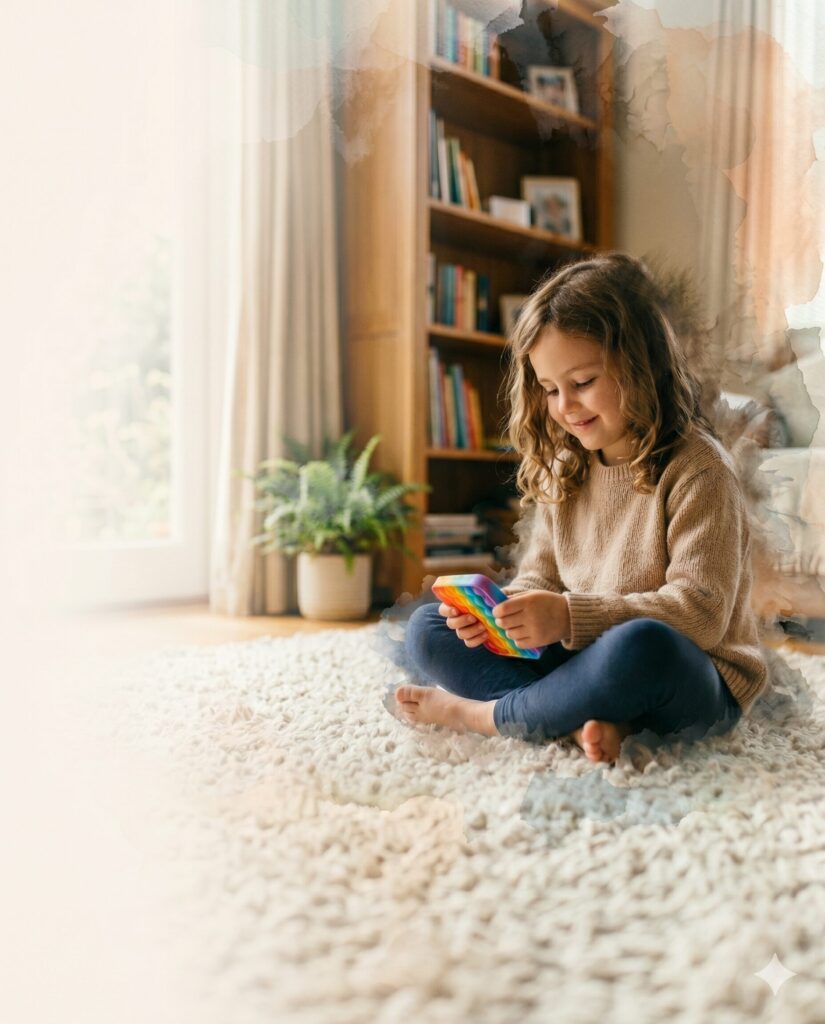 Outils sensoriels et d'autorégulation pour enfants neuroatypiques — LeoBelo Jeune fille explorant un fidget toy arc-en-ciel en silicone — outil sensoriel pour enfants TDAH et TSA