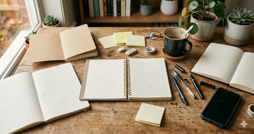 Bureau en bois encombré de post-its, carnets ouverts et café froid — illustration du quotidien d'un adulte TDAH non diagnostiqué qui compense en silence depuis des années