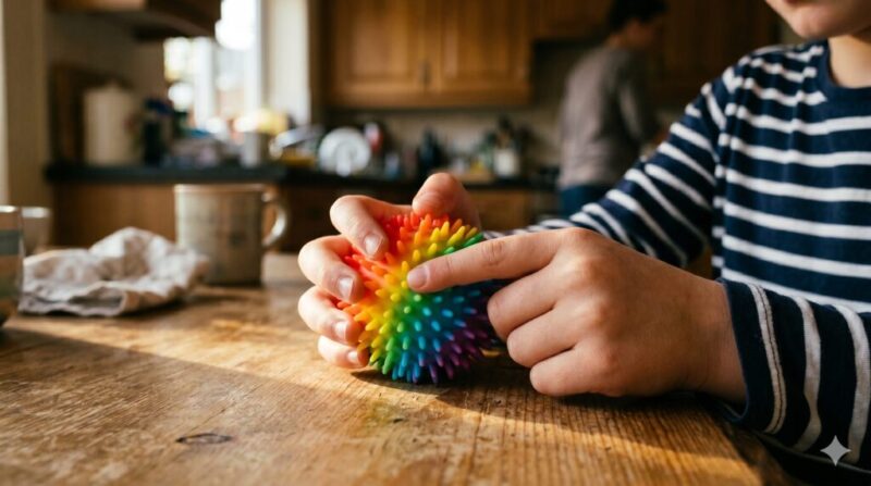 Mains d'un enfant en pull rayé bleu marine comprimant une balle sensorielle à picots multicolores arc-en-ciel sur une table en bois de cuisine — stim toy tactile proprioceptif pour enfant autiste ou TDAH, usage quotidien à la maison
