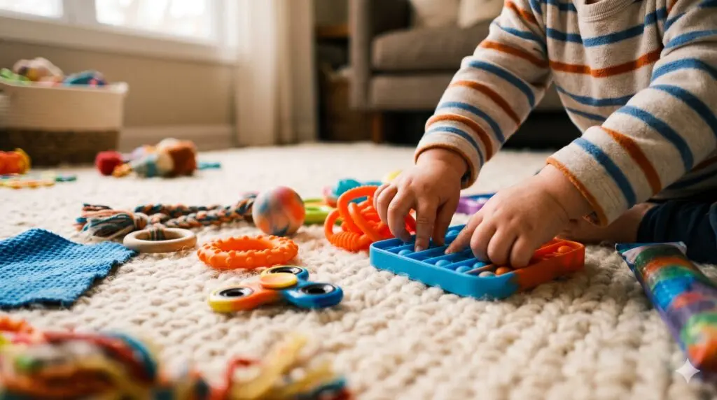Jeune enfant assis sur un tapis explorant des jouets sensoriels colorés — fidget toys, balles texturées et objets tactiles — dans un environnement de jeu libre à la maison