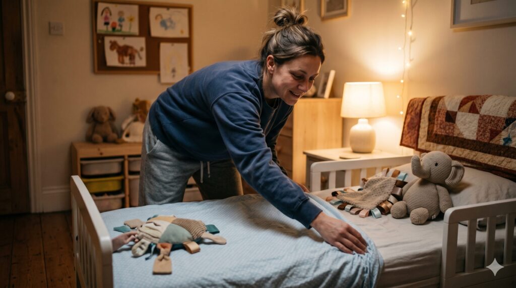 Maman épuisée changeant les draps à 2h du matin pendant que son enfant TSA de 8 ans attend — organisation nocturne énurésie neuroatypique