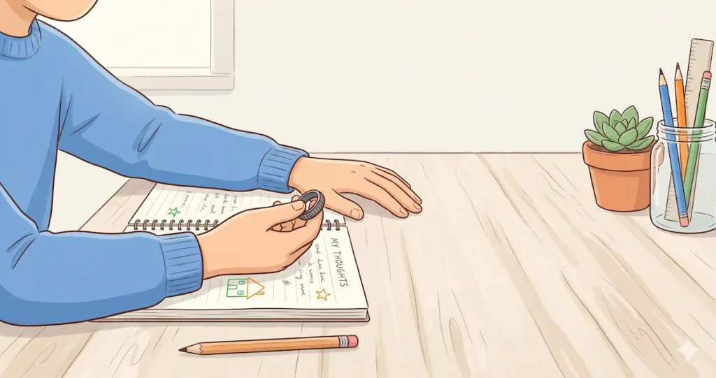 Mains d'un enfant manipulant discrètement un anneau fidget sur son carnet, à son bureau — fidget toys et TDAH