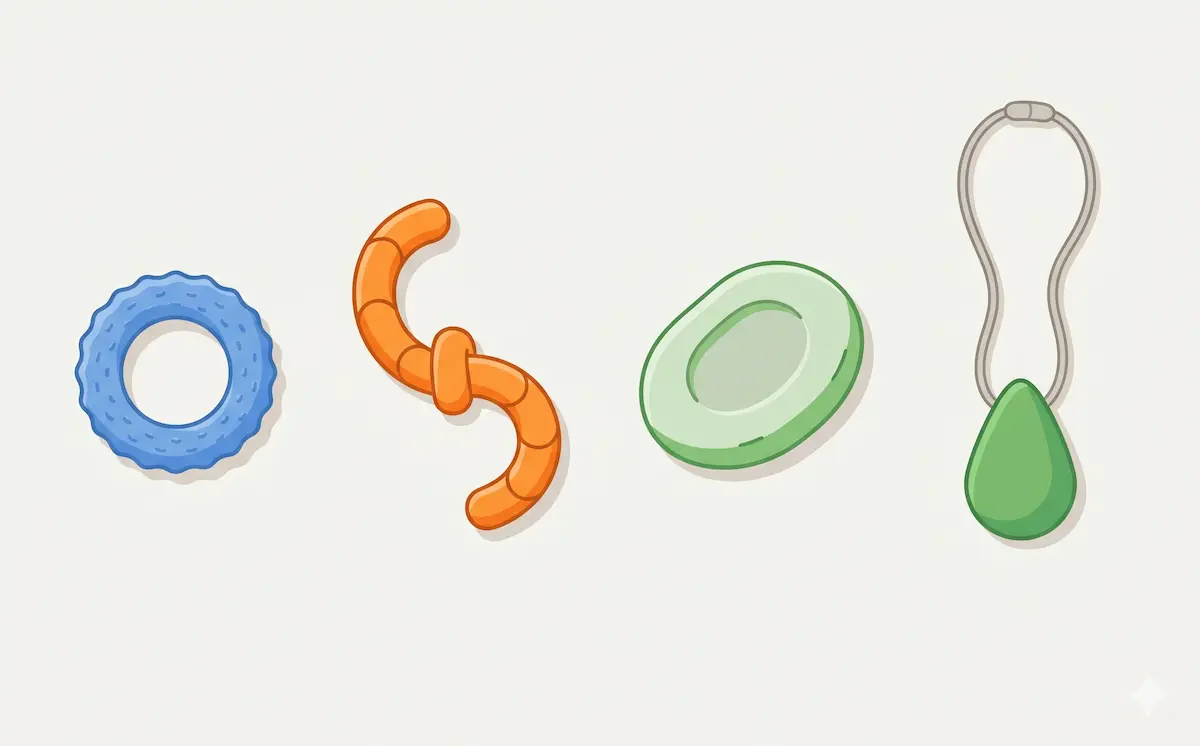 Quatre fidgets discrets : anneau texturé bleu, tangle orange, galet anti-stress vert et pendentif à mâcher