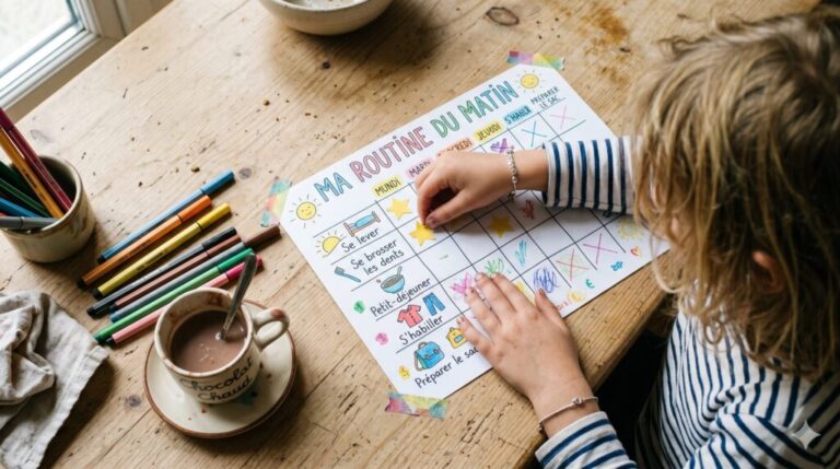 Vue d'un enfant plaçant une gommette sur un tableau de routine du matin avec des activités et pictogrammes.