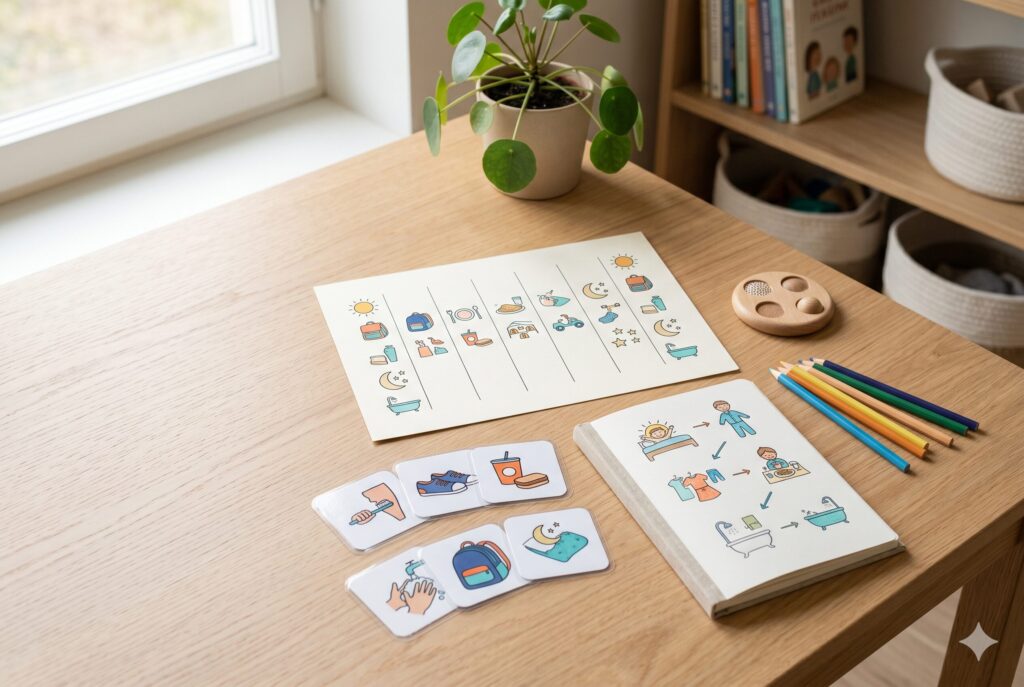 Photographie lumineuse d'un bureau en bois clair sur lequel sont disposés un planning visuel hebdomadaire, des cartes de pictogrammes plastifiées, un carnet de routines illustré, des crayons de couleur et un petit jouet sensoriel en bois. L'ensemble, dans des tons doux et chaleureux, utilise exclusivement des dessins colorés pour aider les enfants à structurer leur journée de manière autonome et rassurante.