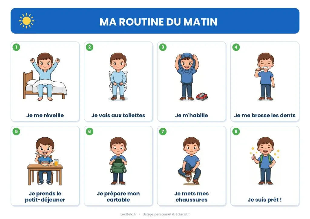 Planche de pictogrammes « Ma routine du matin » à imprimer : se réveiller, aller aux toilettes, s'habiller, se brosser les dents, petit-déjeuner, préparer le cartable, mettre ses chaussures, être prêt
