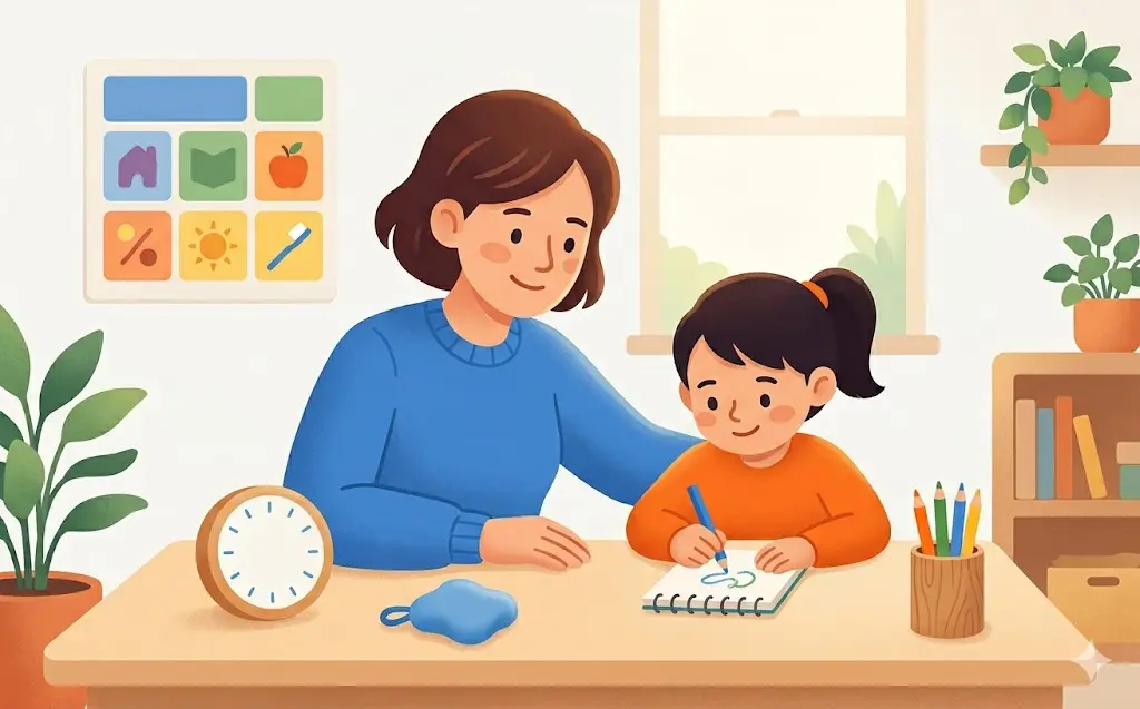 Un parent accompagne son enfant TDAH au quotidien avec des outils simples : minuteur visuel et objet sensoriel