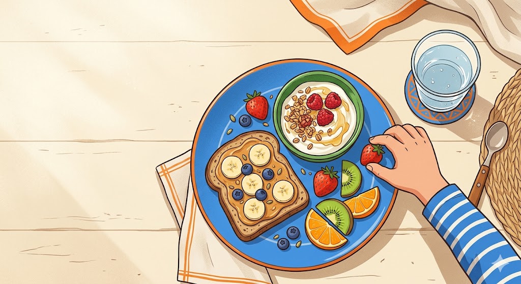 Table de petit-déjeuner vue de dessus avec une assiette équilibrée et colorée pour un enfant, ambiance chaleureuse