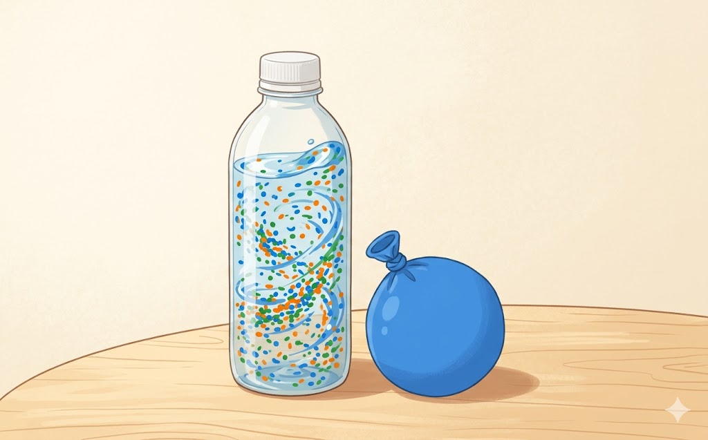 Bouteille de retour au calme faite maison posée sur une table : eau et paillettes en suspension, à côté d'une balle anti-stress en ballon