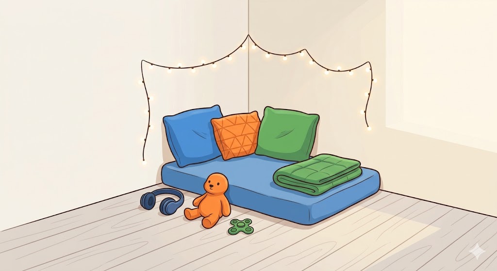 Un coin calme aménagé pour un enfant : couverture lestée, coussins moelleux, lumière douce et casque anti-bruit, dans un espace douillet à l'écart de l'agitation