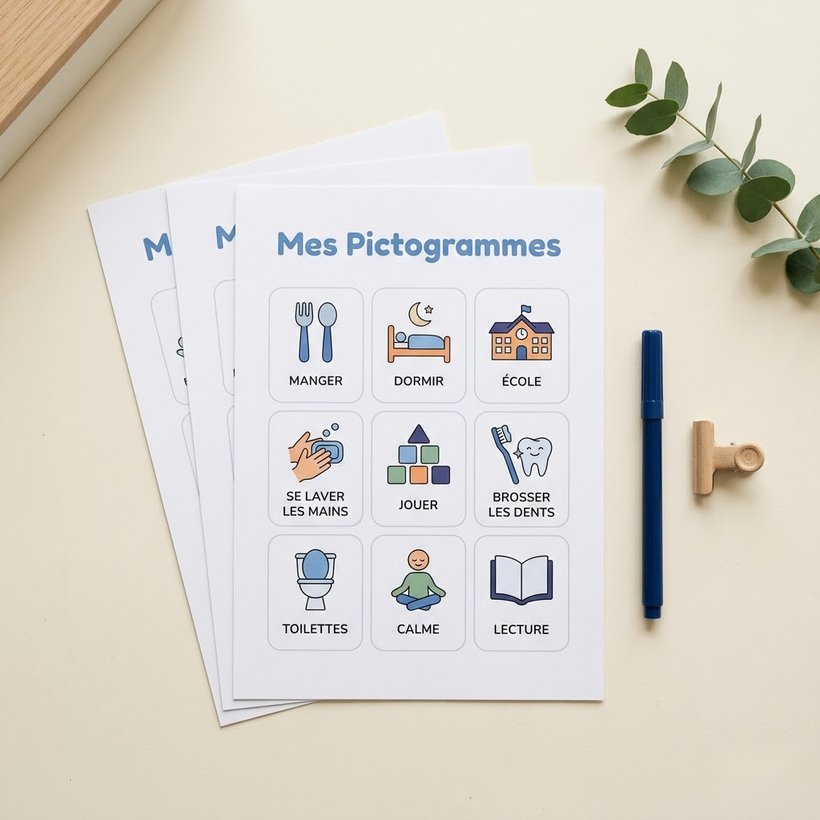 10 pictogrammes à imprimer pour enfant TSA, TDAH ou DYS : grille d'icônes du quotidien avec libellés (manger, dormir, école, se laver les mains, jouer, calme, lecture).