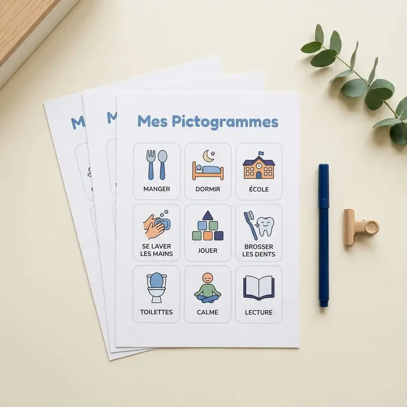 10 pictogrammes à imprimer pour enfant TSA, TDAH ou DYS : grille d'icônes du quotidien avec libellés (manger, dormir, école, se laver les mains, jouer, calme, lecture).