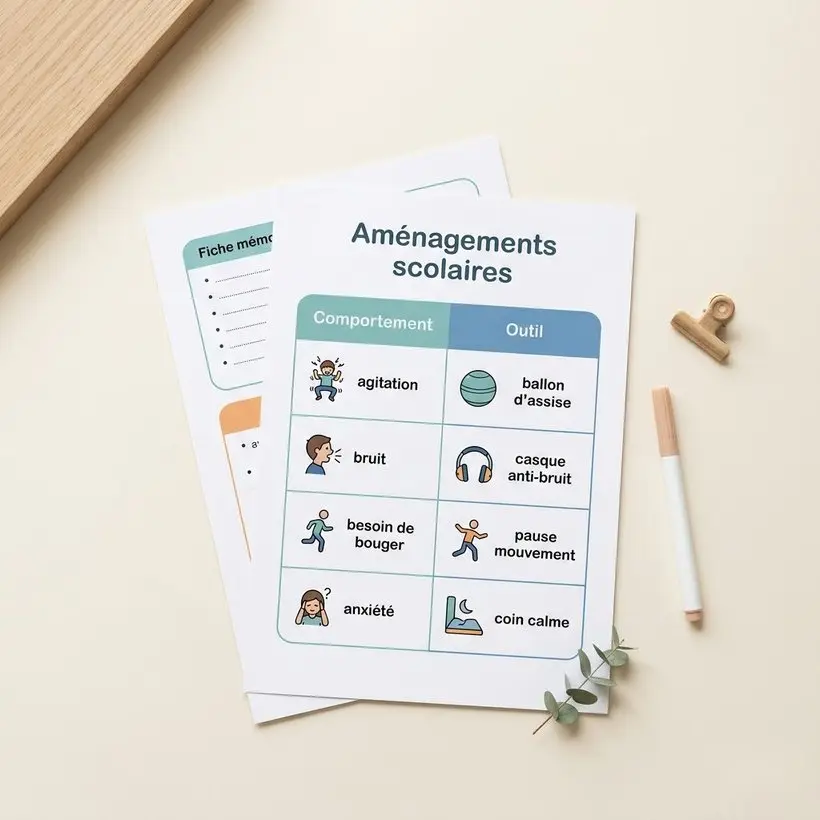 Kit Aménagements scolaires PAP/PPS à imprimer : tableau comportement / outil (agitation → ballon d'assise, bruit → casque anti-bruit, besoin de bouger → pause mouvement) et fiche mémo enseignant / AESH.