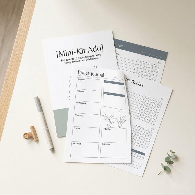 Mini-Kit Ado TDAH 10-16 ans à imprimer : bullet journal et habit tracker au design sobre, sans graphismes enfantins.