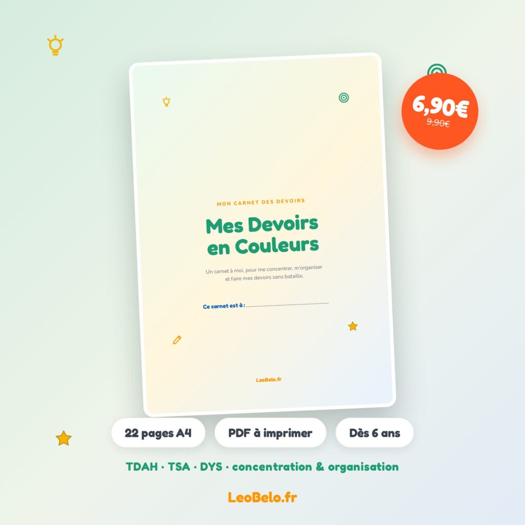 Mes Devoirs en Couleurs — Carnet de concentration & organisation à imprimer (TDAH, TSA, DYS)