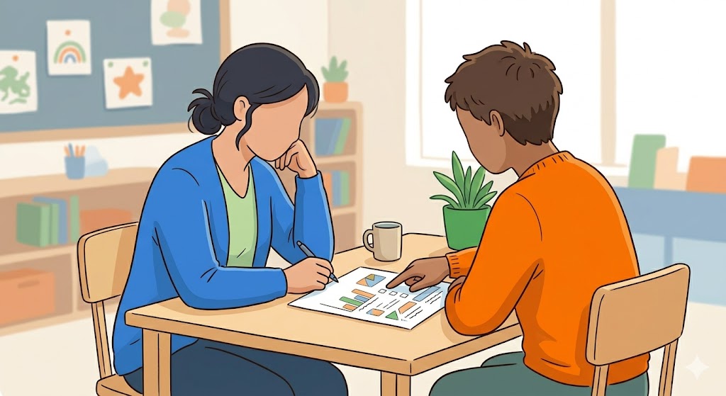 Un parent et une enseignante échangent autour d'une table avec une fiche d'aménagements, ambiance bienveillante et collaborative