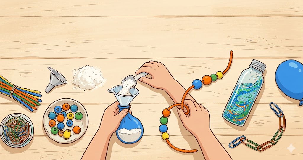 Mains d'enfant assemblant des fidgets faits maison sur une table de bricolage : balle en ballon, perles sur cure-pipe, bouteille de retour au calme et chaîne de trombones