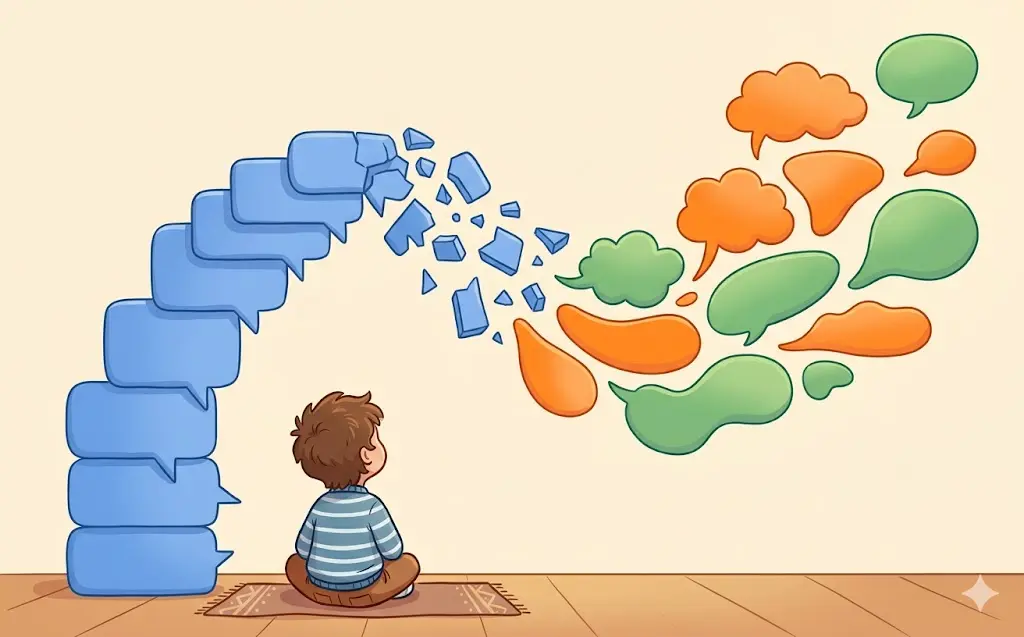 Des bulles de parole identiques se transforment progressivement en un langage varié et fluide, illustrant l’évolution de l’écholalie
