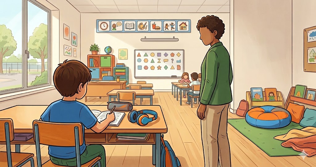 Enfant autiste en classe avec un casque anti-bruit et des repères visuels, accompagné avec bienveillance, dans une école inclusive