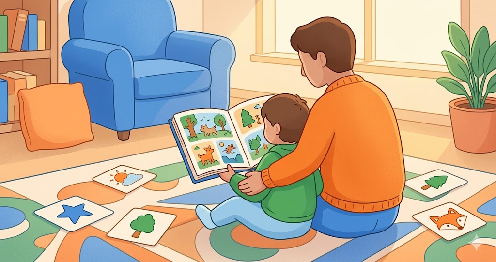 Illustration chaleureuse d’un parent et d’un enfant qui regardent ensemble un livre et des cartes imagées pour expliquer l’autisme