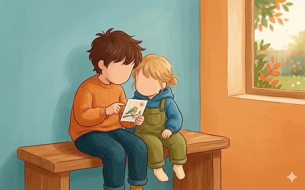 Illustration douce d’un frère et d’une sœur assis côte à côte, l’un montrant à l’autre une carte imagée pour parler de l’autisme