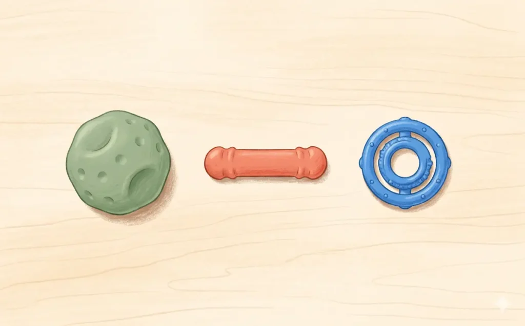 Les trois principaux fidgets pour enfants autistes — balle sensorielle verte à picots (canal tactile), bâton à mâcher corail (canal oral) et anneau rotatif bleu (canal kinesthésique), sur fond bois clair