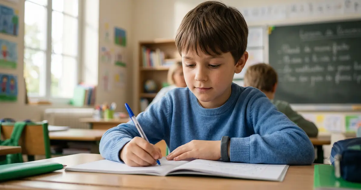Enfant utilisant un fidget silencieux discret au poignet en classe pour rester concentré, trouble TDAH ou TSA