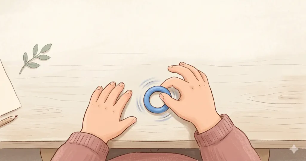 Mains d'enfant faisant tourner un anneau fidget bleu sur une table en bois clair, vue de dessus — illustration éditoriale style livre jeunesse
