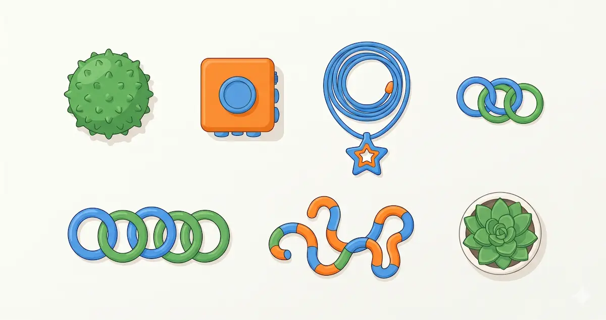 Plusieurs fidget toys (balle à picots, cube, anneaux, collier à mâcher) posés sur un bureau d'enfant — guide pour comprendre et bien choisir selon le profil TDAH ou autisme